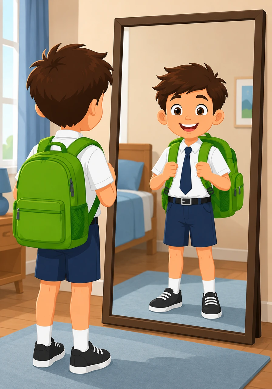 With a big huff, Tom lifts the green school bag and slides his arms through the padded straps. The bag feels snug and comfortable against his back. He looks in the mirror and sees a brave student ready for anything.