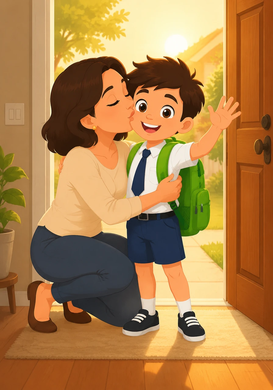 Tom walks to the front door where his mother is waiting with a warm hug and a kiss. She tells him how proud she is of his big green bag and his brave spirit. He waves goodbye as he steps out into the golden morning sun.