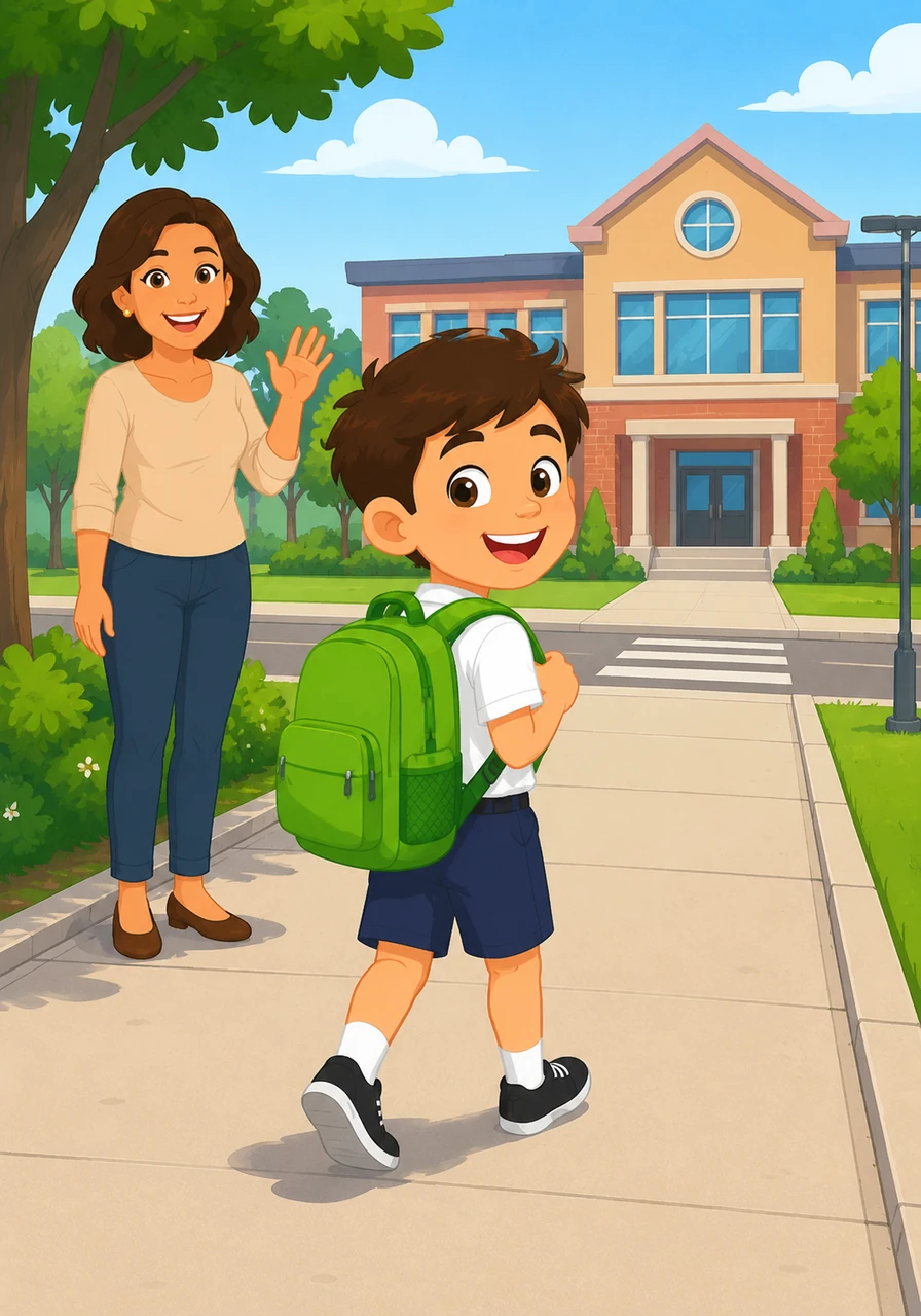 Tom marches down the sidewalk, his green school bag bouncing gently with every happy step. He sees the school building ahead and knows that a wonderful day of learning and fun is about to begin.