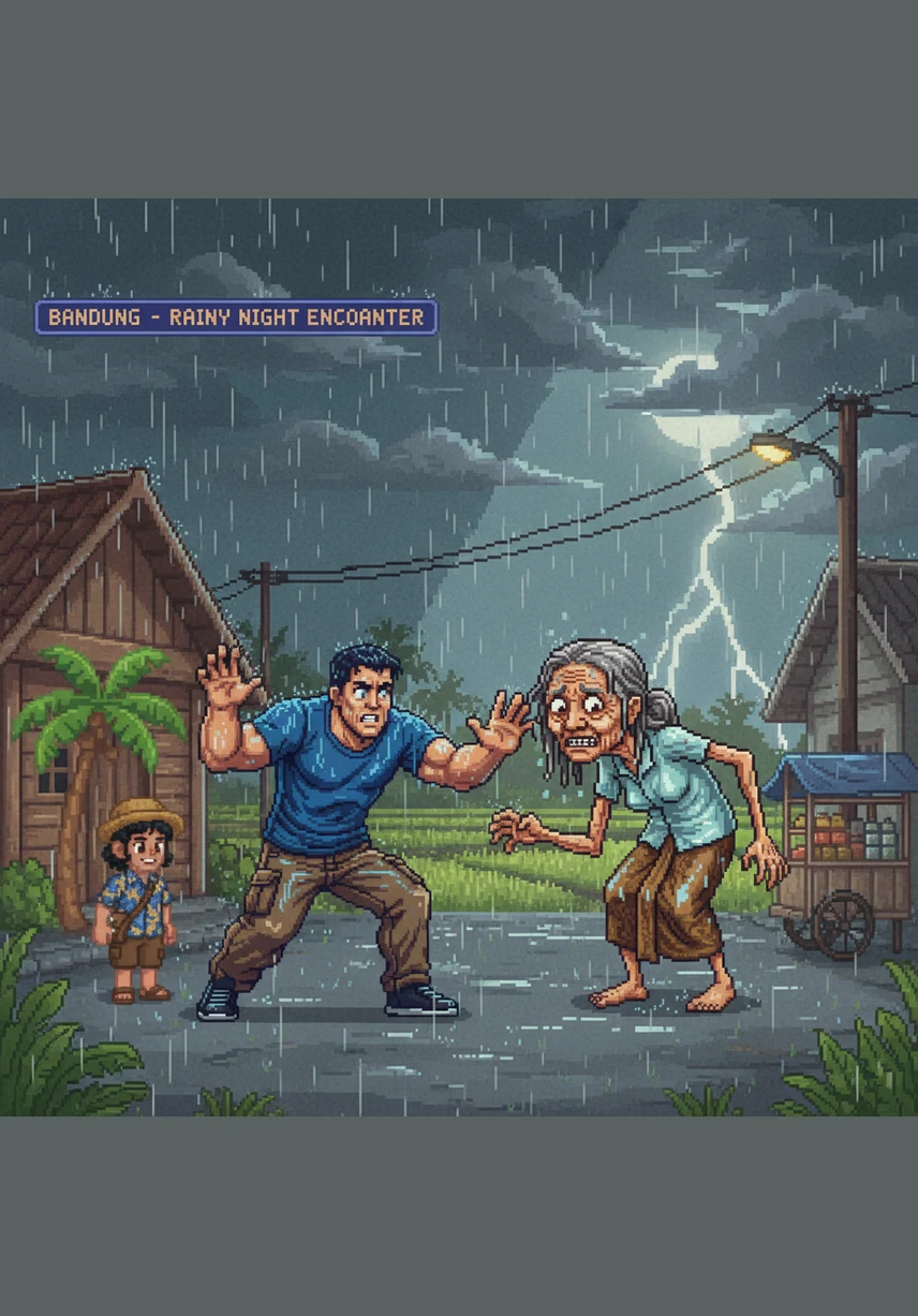 The sky over Bandung turns an ominous shade of charcoal, swallowing the afternoon sun in a matter of minutes. Budi watches from his porch as the distant mountains disappear behind a thick, swirling wall of black clouds. The air grows cold and still, signaling the approach of a powerful storm.