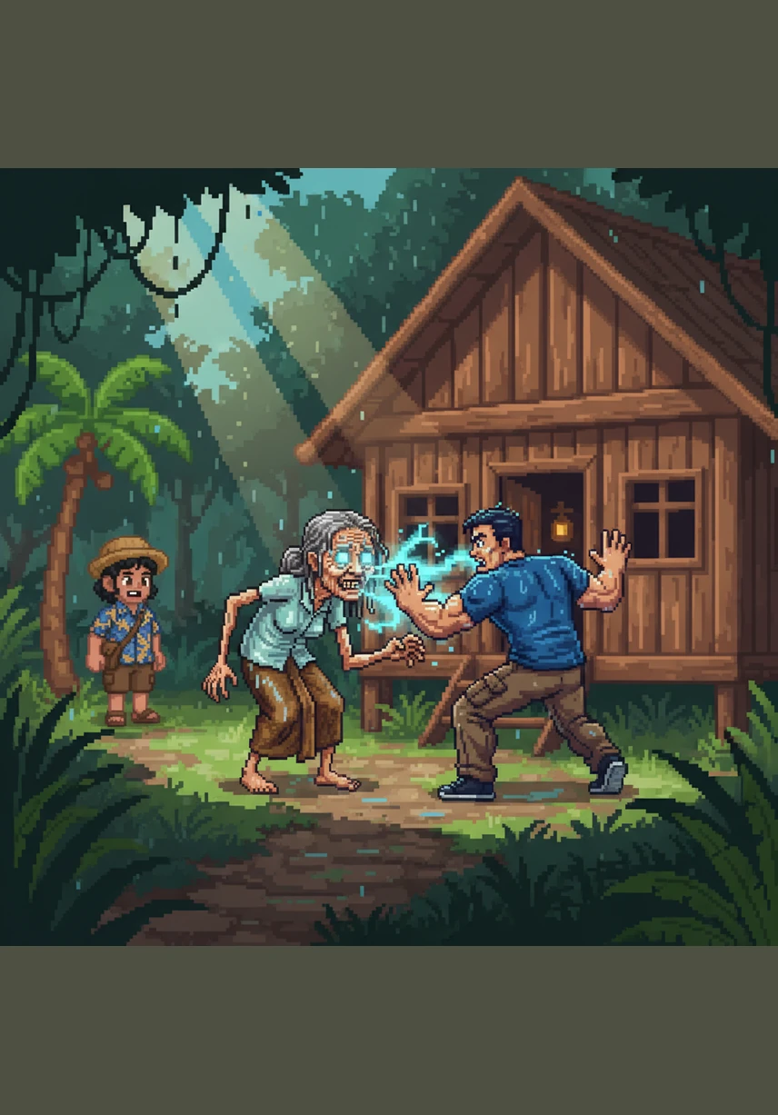 Suddenly, the heavens open up with a deafening roar, unleashing a torrential downpour that blurs the entire city. Jagged bolts of lightning strike the hillsides, followed instantly by thunder that makes the ground tremble. Budi retreats inside as the first waves of water lash against his windows.