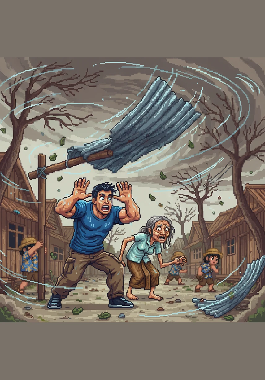 A terrifying wind begins to howl through the streets, reaching speeds that strip the leaves from the trees. Budi watches in disbelief as corrugated metal roofs are ripped from nearby houses, spinning dangerously through the air like paper. The roar of the gale becomes a constant, high-pitched shriek.