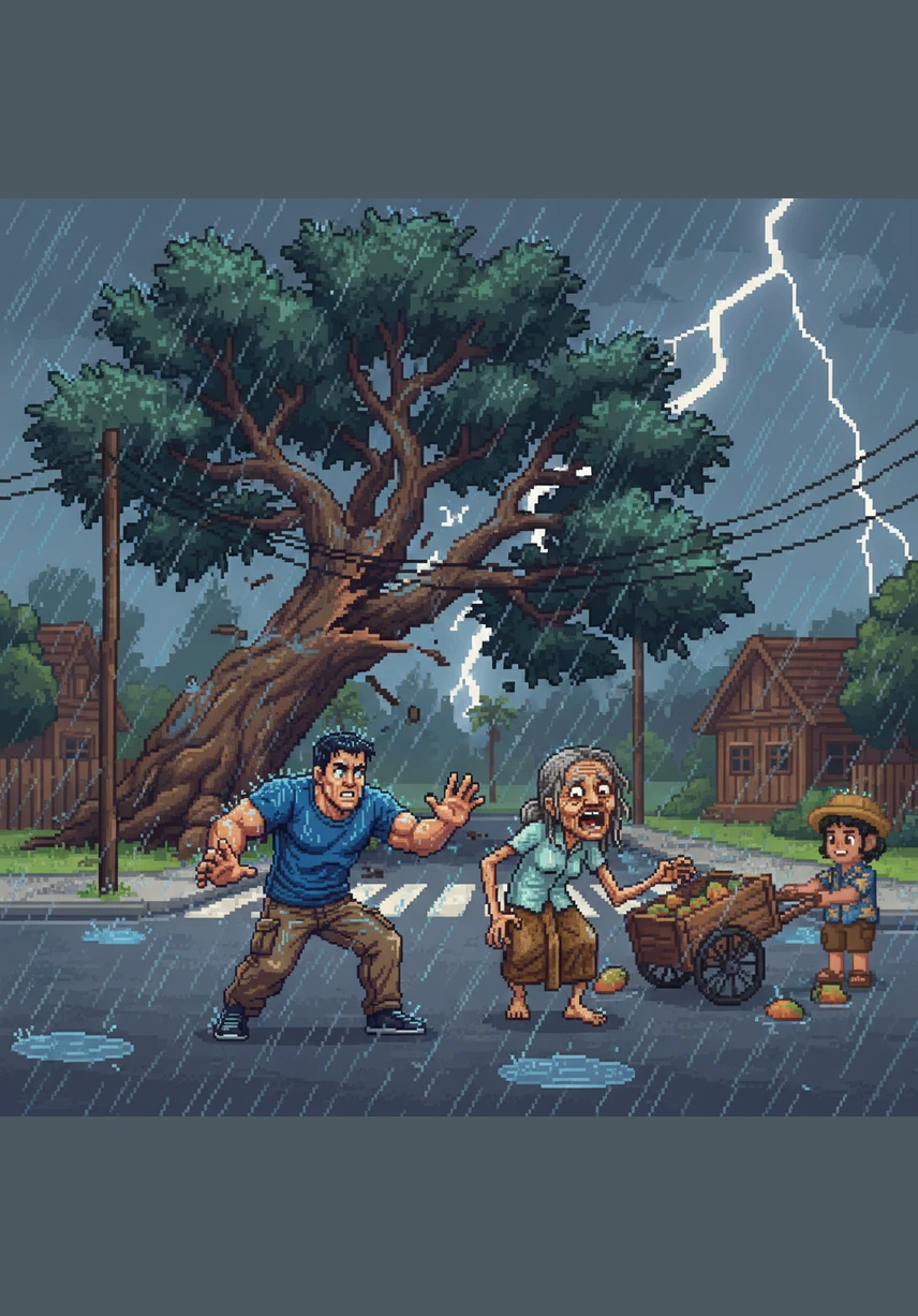 A massive ancient tree near the intersection groans under the pressure of the wind before snapping with a loud, wooden crack. It crashes across the road, tearing down power lines and sending a spray of sparks into the flooded street. Panicked cries begin to echo through the neighborhood as the destruction mounts.