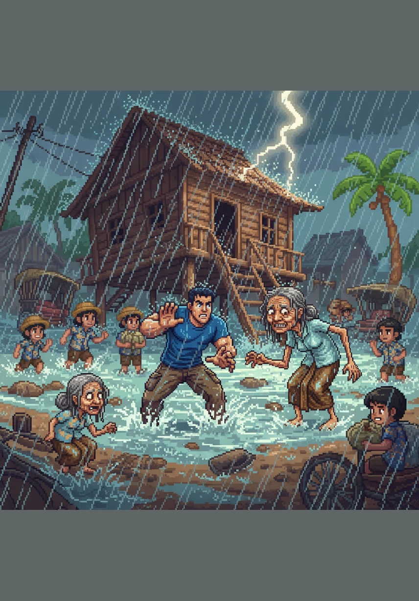 Residents scramble for cover, their voices lost in the relentless noise of the storm. Budi sees his neighbors running through the rising water, shielding their heads from falling debris and broken glass. The once-peaceful street is now a scene of utter chaos and fear.