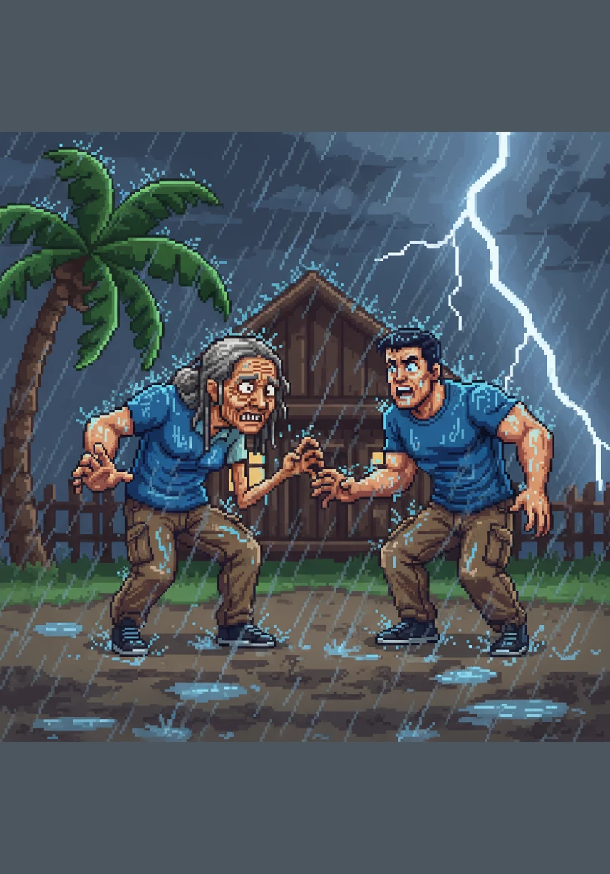 Amidst the flying wreckage, Budi spots an elderly woman struggling to reach her doorway against the force of the wind. He plunges into the storm, fighting the horizontal rain to reach her and pull her to safety. They huddle behind a sturdy wall as the wind tries to tear them away.