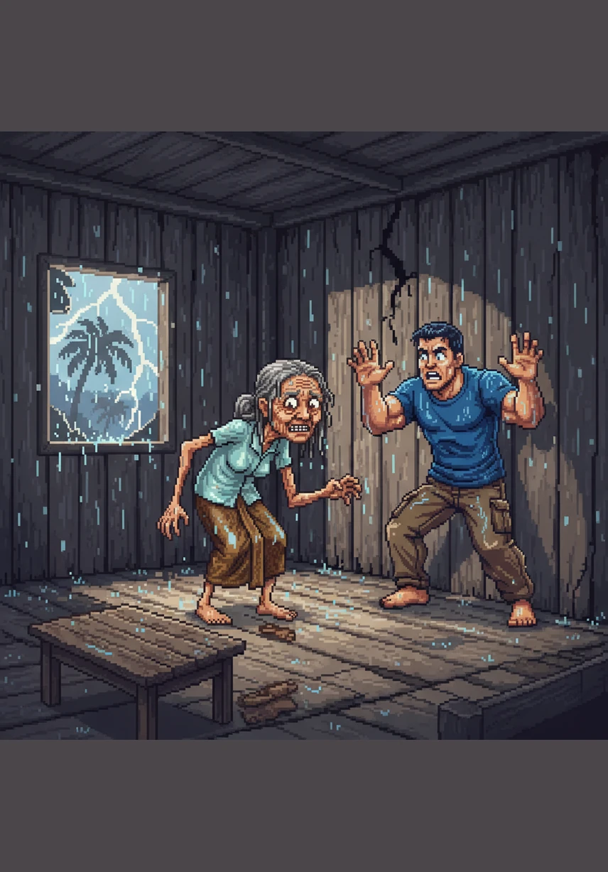 At the height of the storm's fury, the wind reaches a crescendo that sounds like a freight train passing through the city. Budi and the others huddle together in the dark, listening to the raw power of nature battering their walls. It feels as though the world outside is being torn apart.