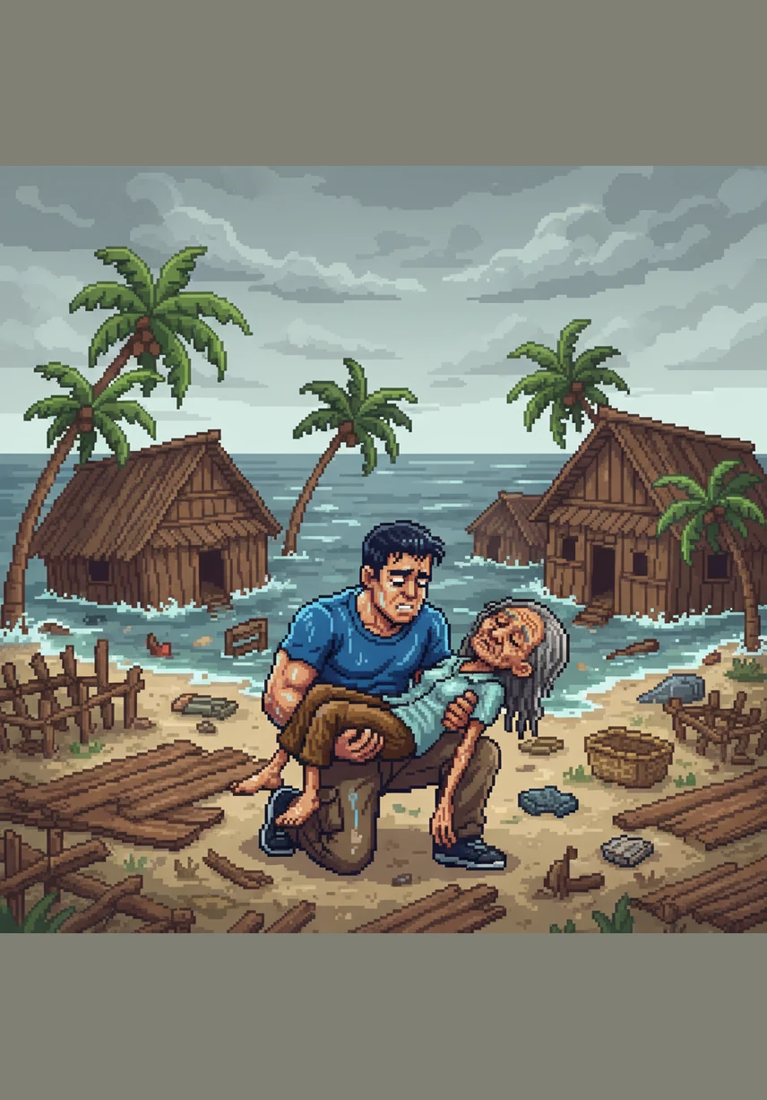 As dawn approaches, the howling wind finally subsides into a low moan and the rain turns to a soft drizzle. Budi steps outside to find his city unrecognizable, choked with fallen timber and the remains of shattered homes. The silence that follows the storm is heavy with the weight of the loss.