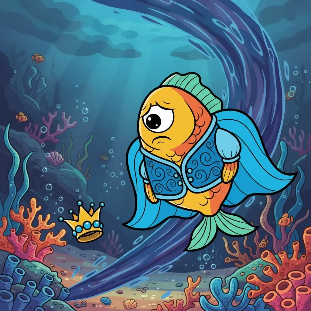 Un día, mientras nadaba entre corales brillantes, una fuerte corriente marina arrastró la corona dorada del Rey Ojazos. La corona era un símbolo de su poder y su pérdida llenó de tristeza al gran pez. El océano pareció oscurecerse con la preocupación.