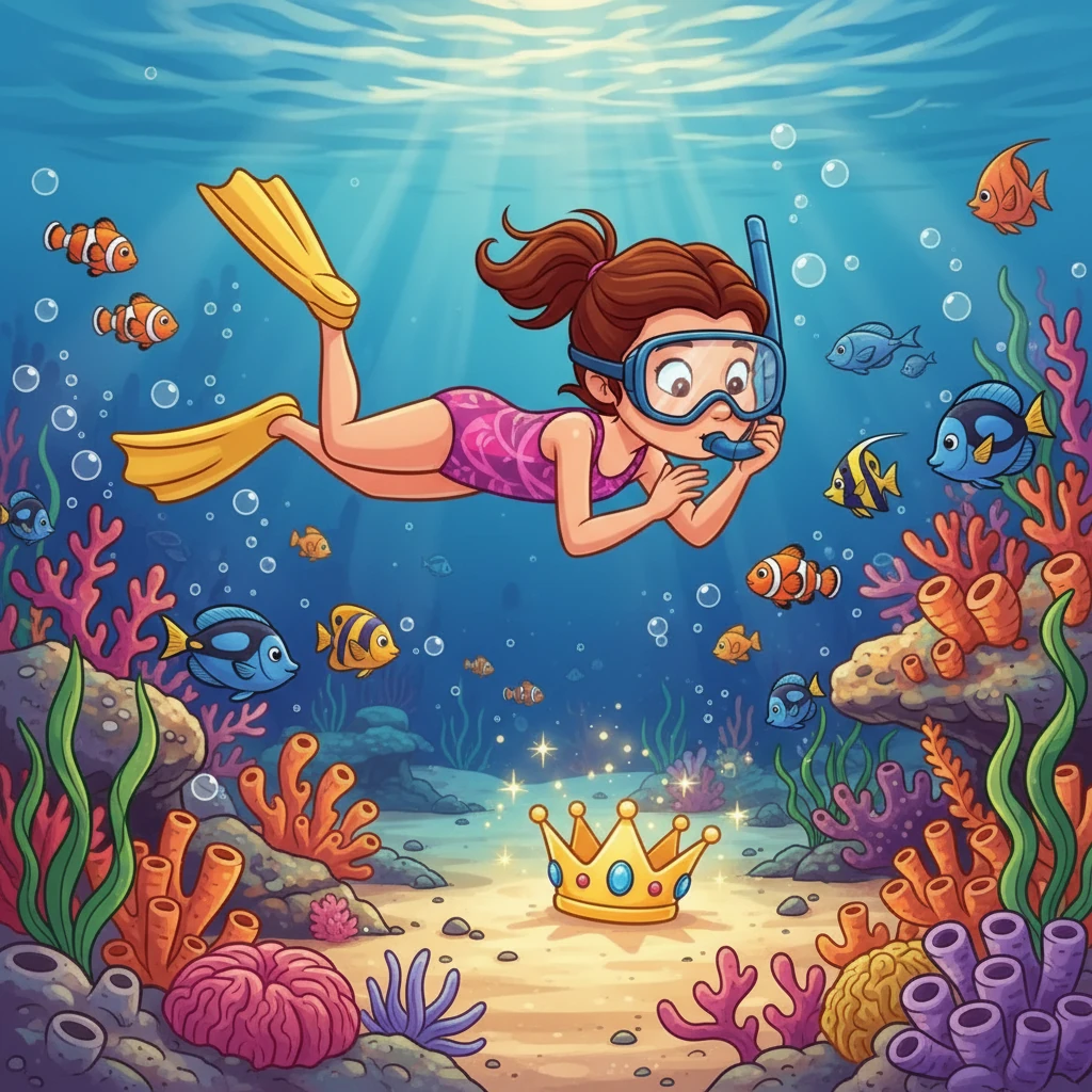 Una niña llamada Sofía, que amaba bucear, exploraba el arrecife de coral. Sus ojos curiosos observaban cada detalle del mundo submarino. De repente, vio algo brillante en la arena: ¡era la corona del Rey Ojazos!