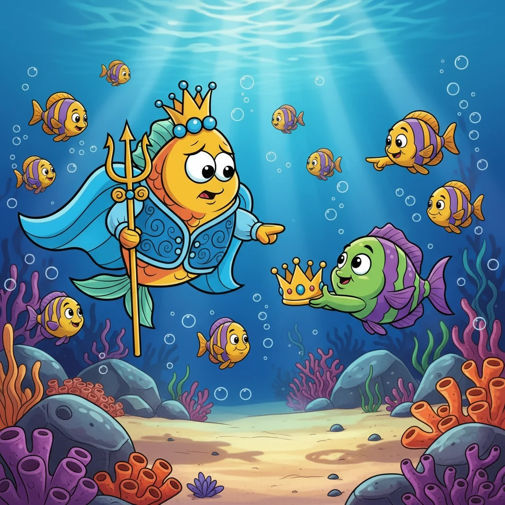 Sofía, con gran valentía, nadó hacia la corona y la recogió cuidadosamente. Sabía que debía devolverla a su dueño. Buscó al pez con el ojo grande, preguntando a los peces por su paradero.