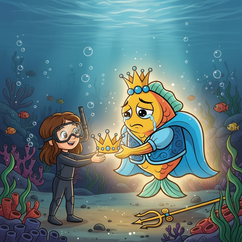 Finalmente, Sofía encontró al Rey Ojazos, que parecía muy triste. Con una sonrisa, le entregó su corona. El rey, agradecido, brilló con alegría y el océano se iluminó de nuevo.