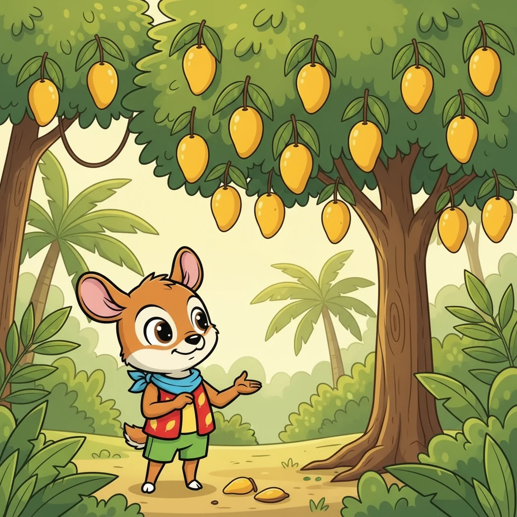 Kancil melihat pohon mangga yang ranum dengan buah-buahan kuning yang menggiurkan. Ia mencoba melompat untuk meraihnya, tetapi terlalu tinggi. Kancil berpikir keras, bagaimana caranya mendapatkan mangga tersebut?