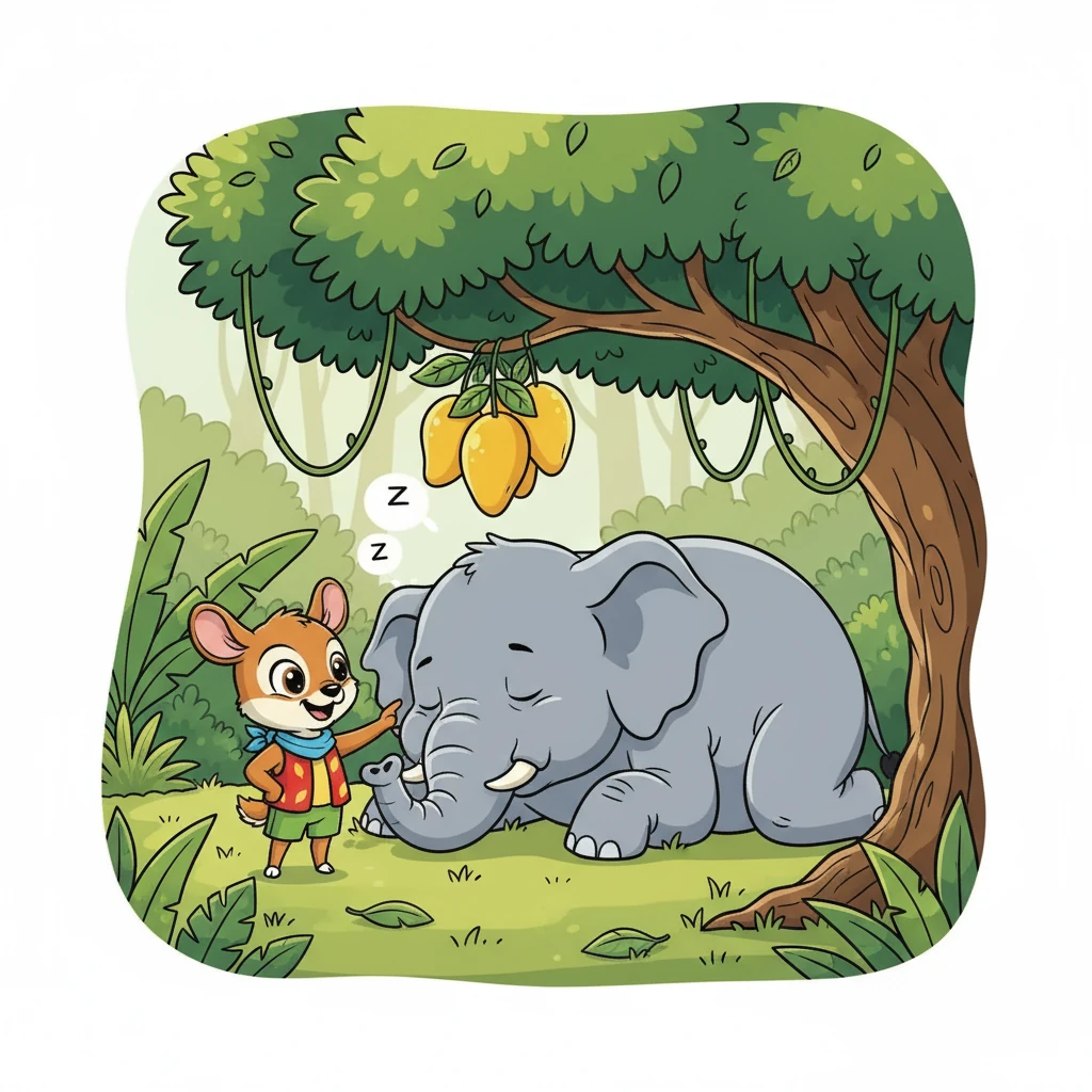 Kemudian, Kancil melihat seekor gajah sedang tidur di bawah pohon. Dengan licik, Kancil mendekati gajah dan membangunkannya. Kancil berpura-pura meminta bantuan gajah untuk menggapai mangga.