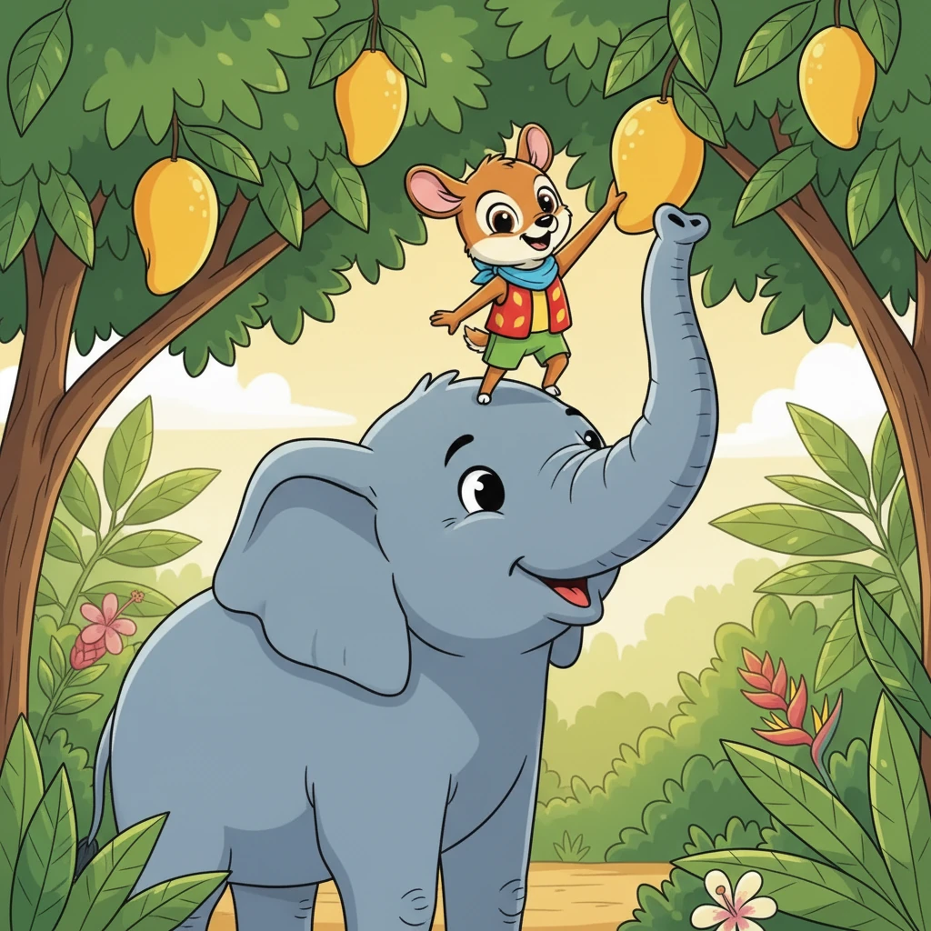 Gajah yang baik hati setuju membantu. Ia mengangkat belalainya tinggi-tinggi, dan Kancil dengan cepat memanjat belalai gajah untuk meraih mangga. Kancil berhasil mendapatkan mangga yang diinginkannya!