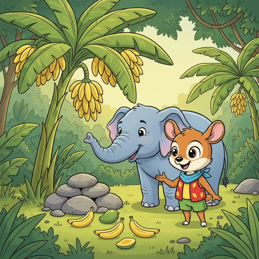 Setelah kenyang makan mangga, Kancil melihat pohon pisang yang penuh dengan pisang matang. Ia kembali menggunakan kecerdikannya untuk mendapatkan pisang tersebut. Kancil kemudian berterima kasih kepada gajah.