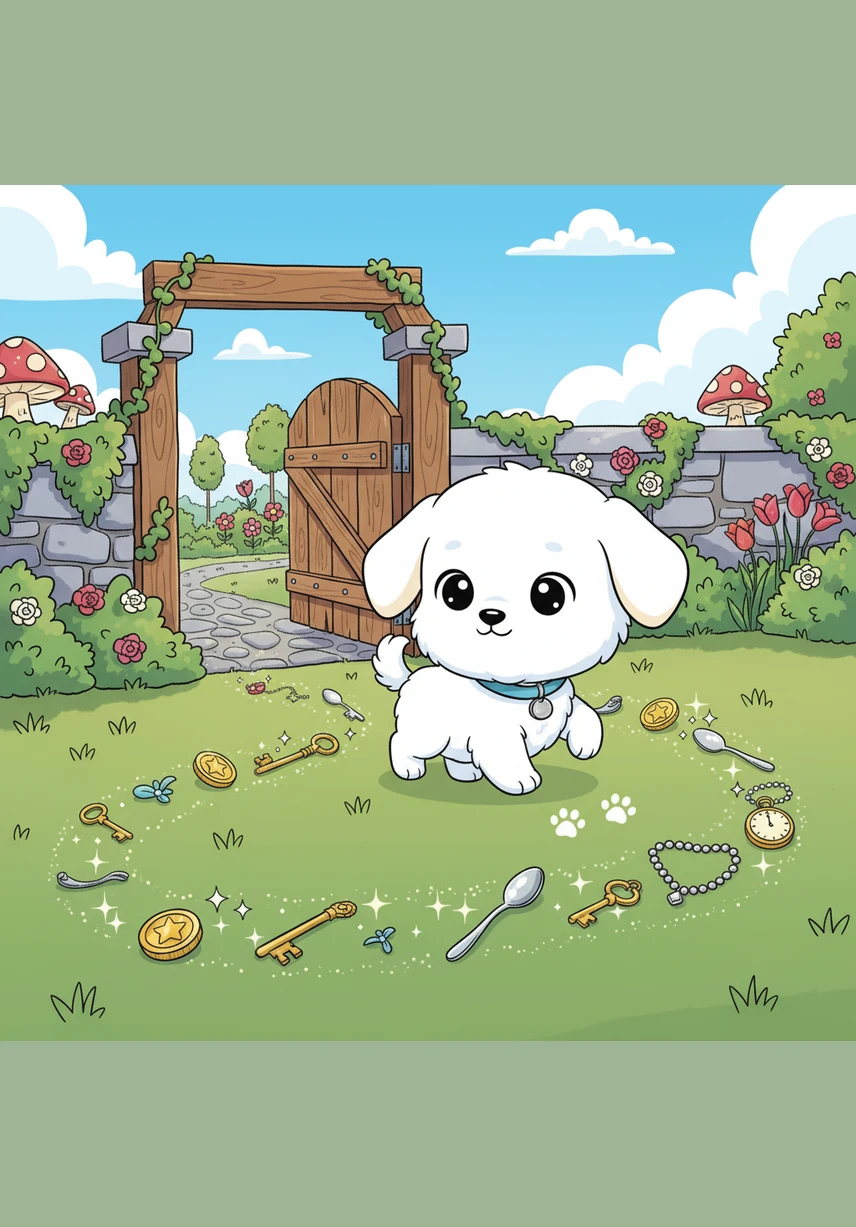 He noticed a trail of shiny objects leading away from the garden gate and toward the ancient, twisting oak tree at the edge of town. Using his keen sense of smell and his sharp eyes, Oliver followed the clues while the confused townspeople watched him with curiosity.