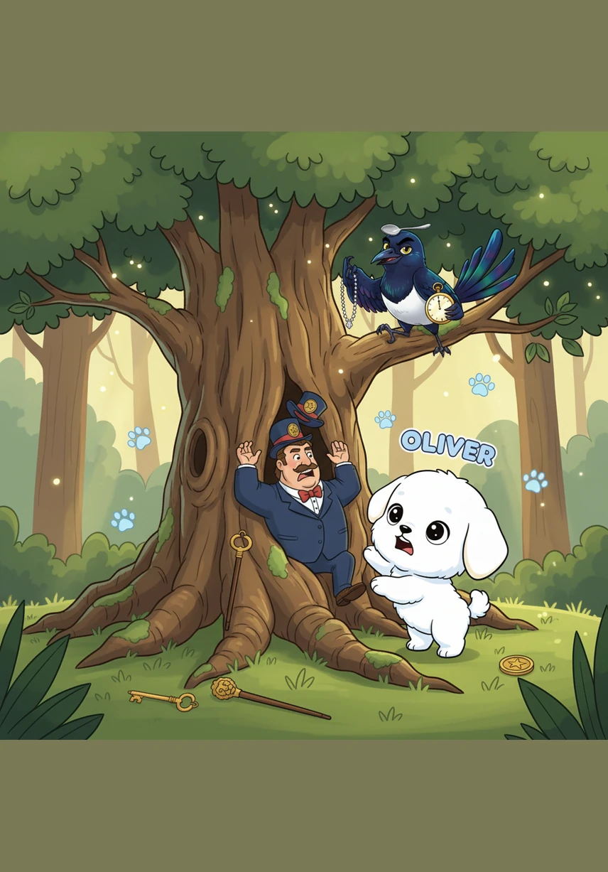 At the base of the tree, Oliver spotted a mischievous magpie looking down at him from a low, mossy branch. The bird was preening its feathers and guarding something bright and shimmering, and Oliver knew he had finally located the missing treasure.