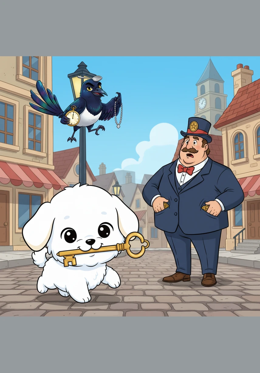 Oliver carefully picked up the heavy key in his mouth, his tail wagging with quiet pride as he felt the cool metal. He trotted back to the town square with a steady pace, where the Mayor was still searching through his empty pockets in despair.
