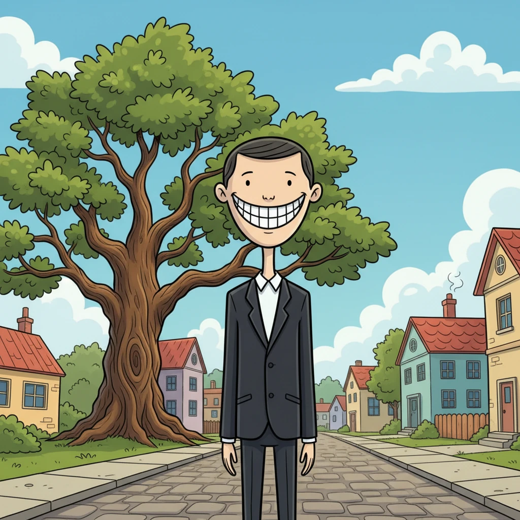 Down the quiet street, past the old oak tree, stood a figure. Tall and impossibly still, dressed in a dark, simple suit. Even from this distance, the unnaturally wide, unwavering smile was clear, a stark white slash against their muted face. This was Mr. Finch.