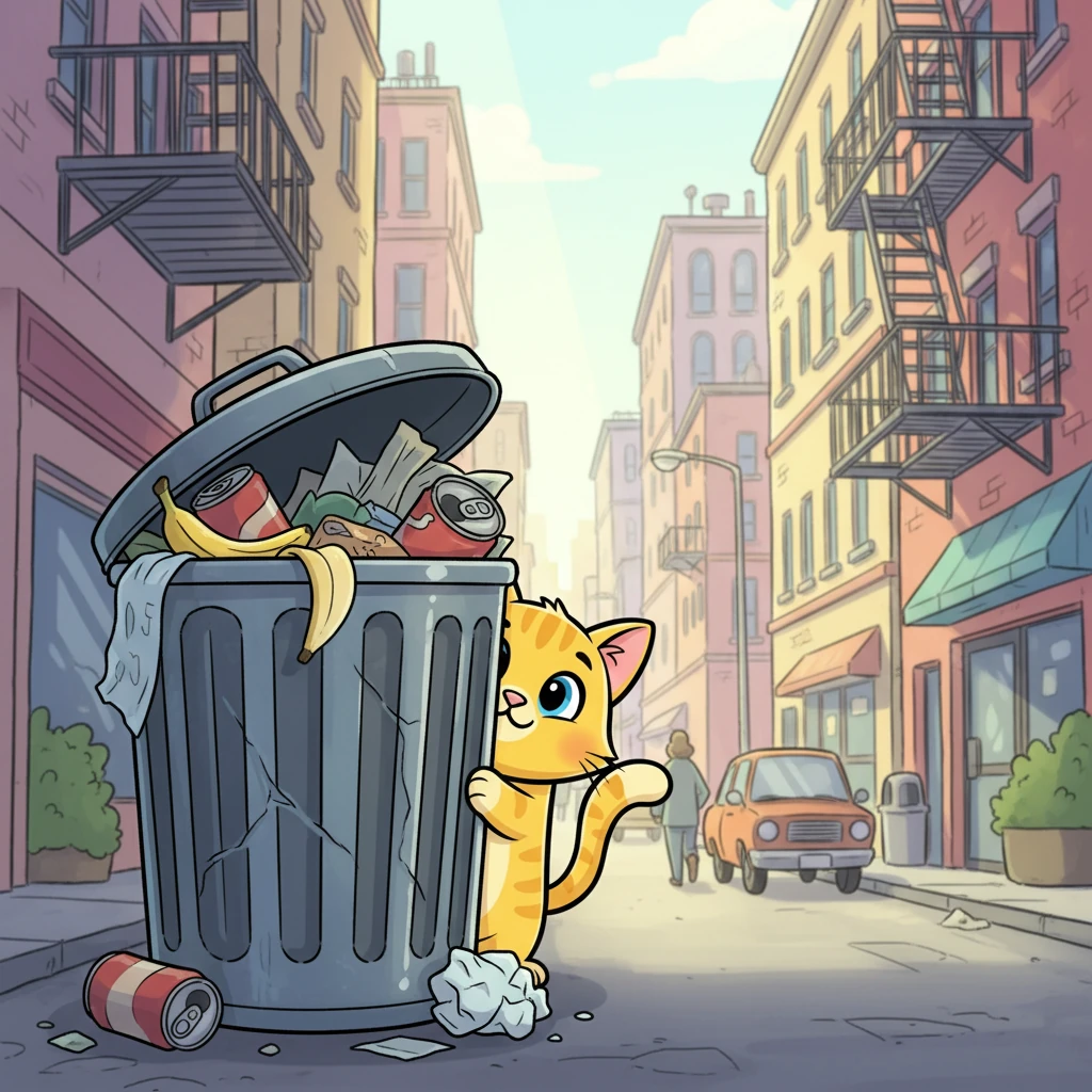 A tiny, bright yellow tabby kitten named Bella peeked out from behind a overflowing trash can in a bustling city alley. Her siblings and mother were gone, leaving her all alone in the big, noisy world. Despite her small size, a spark of determination shone in her wide, curious eyes.