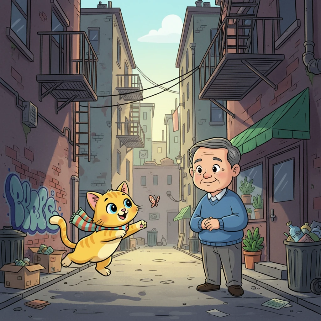 From across the alley, a kind man named Mr. Kim noticed the little yellow cat's spirited chase. He smiled softly, seeing her resilience and courage in such a tough place. He felt a gentle pull in his heart, a desire to help the brave little creature.