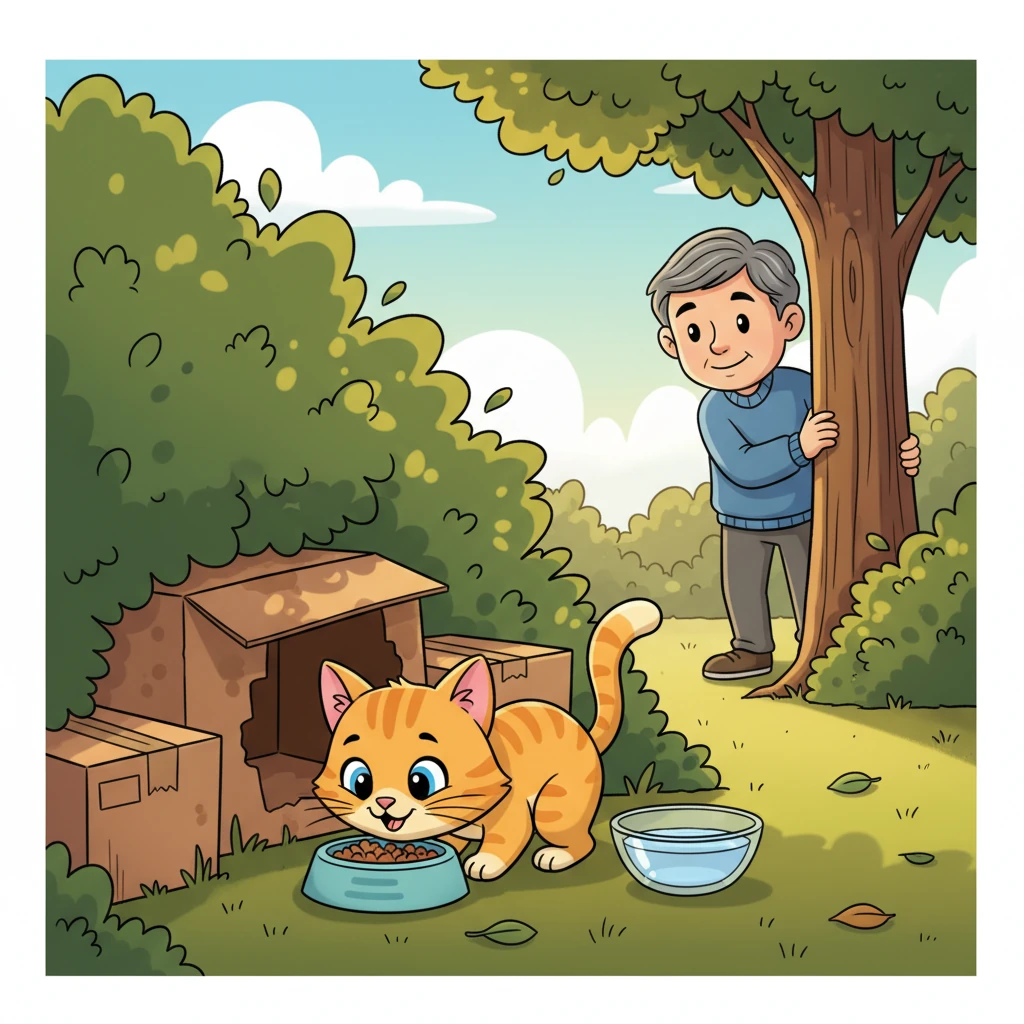 Later that day, Mr. Kim carefully placed a small bowl of delicious kibble and fresh water near Bella's hiding spot. He then quietly retreated, watching as Bella, after a cautious sniff, eagerly gobbled up the food. It was the best meal she'd had in a long time.