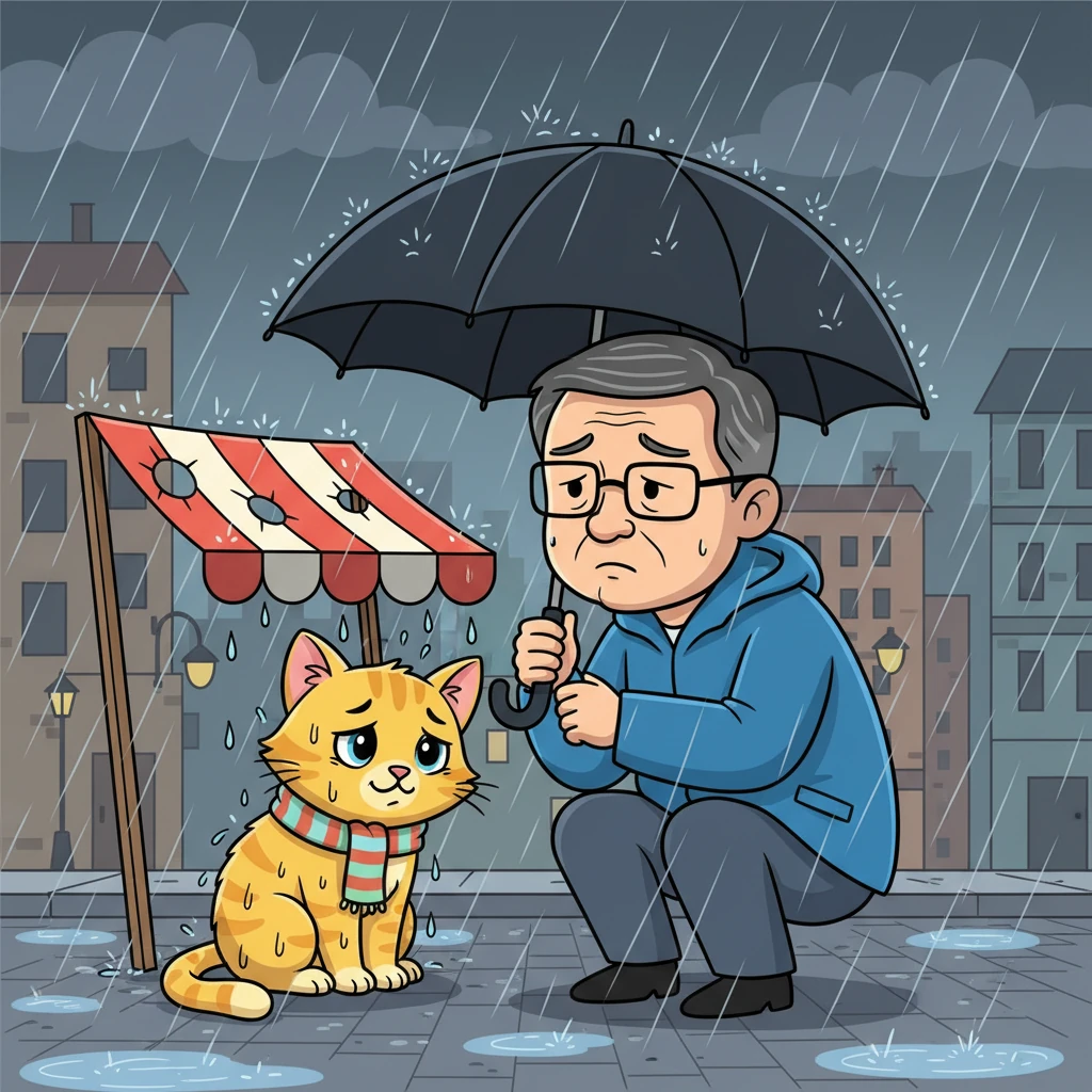 A sudden, heavy rainstorm drenched the city, and Bella shivered uncontrollably under a leaky awning. Mr. Kim found her soaked and miserable, his heart aching for her plight. He knew then that he couldn't leave her out in the cold any longer.