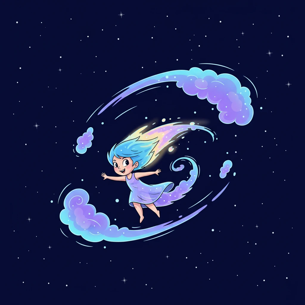 Sus, printre sclipirile argintii, o mică și jucăușă cometă pe nume Steluța se unduia veselă printre stele. Coada ei luminoasă lăsa o dâră de praf cosmic, în timp ce ea se juca de-a v-ați ascunselea cu norii de gaz. Părea că dansează un balet cosmic, plină de energie și bucurie.