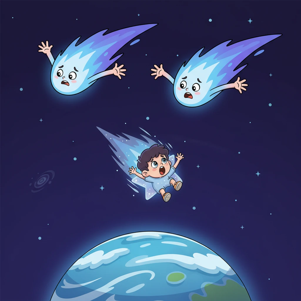 Chiar atunci, părinții ei, două comete mai mari și mai înțelepte, o strigară îngrijorați din depărtare. Steluța, încă amețită, nu reuși să se redreseze și începu să cadă. Cu o viteză din ce în ce mai mare, ea plonja prin întunericul cosmic, îndreptându-se spre o planetă albastră.