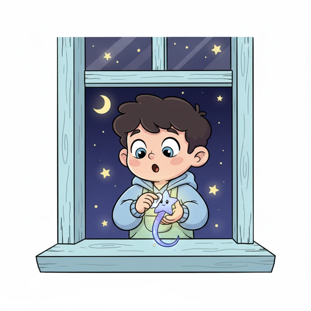 Andrei, uimit și plin de curiozitate, deschise fereastra și o găsi pe Steluța, micuță și tremurândă. O luă cu grijă în palmele sale, simțind căldura ei blândă. Cu delicatețe, îi șterse praful cosmic de pe coadă, îngrijind-o ca pe o pasăre rănită.