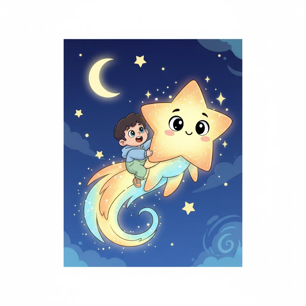 Cu o sclipire magică, Steluța îl micșoră pe Andrei la dimensiunea ei, apoi îl invită să se urce pe coada ei luminoasă. Băiețelul, plin de emoție și uimire, se agăță strâns, simțind fiorul aventurii. Visul lui era pe cale să devină realitate.