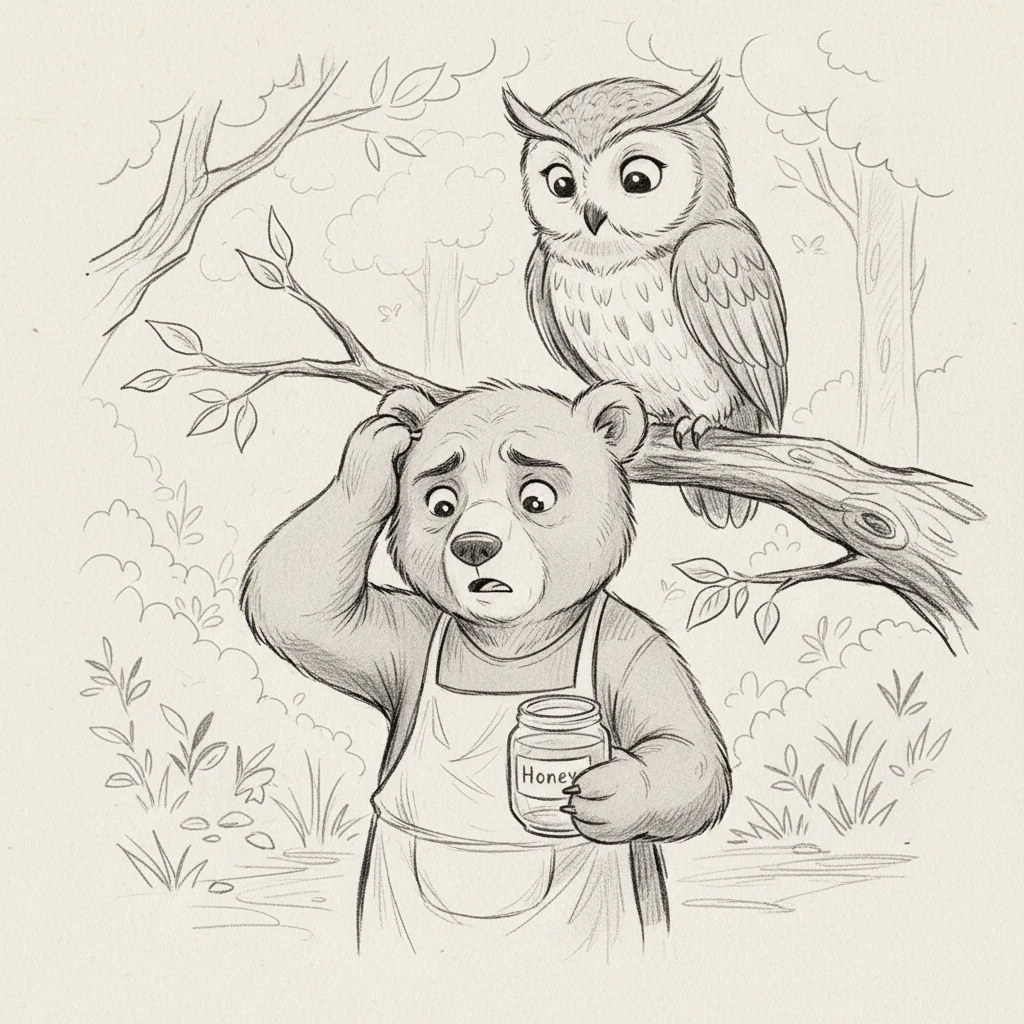 Barney, un oso joven y curioso, se siente abrumado tras abrir su negocio de miel. Busca a su amigo Óscar, un sabio búho, para entender qué significa ser un "contribuyente". Óscar, con calma y una sonrisa, le explica que ahora forma parte de un mundo donde todos aportan para el bienestar del bosque. Barney escucha, con una mezcla de confusión y esperanza en sus ojos. 

Ilustración: Un primer plano de Barney, un oso joven con delantal y un tarro de miel vacío, su expresión es de confusión y ligera ansiedad, con cejas fruncidas y una pata en la cabeza. Óscar, el búho, se posa suavemente en una rama cercana, su silueta elegante y sabia contrastando con la figura más robusta de Barney. El fondo muestra trazos suaves de árboles del Bosque Dulcevivir, con un estilo de boceto a lápiz monocromático que enfatiza la textura del pelaje de Barney y las plumas de Óscar.