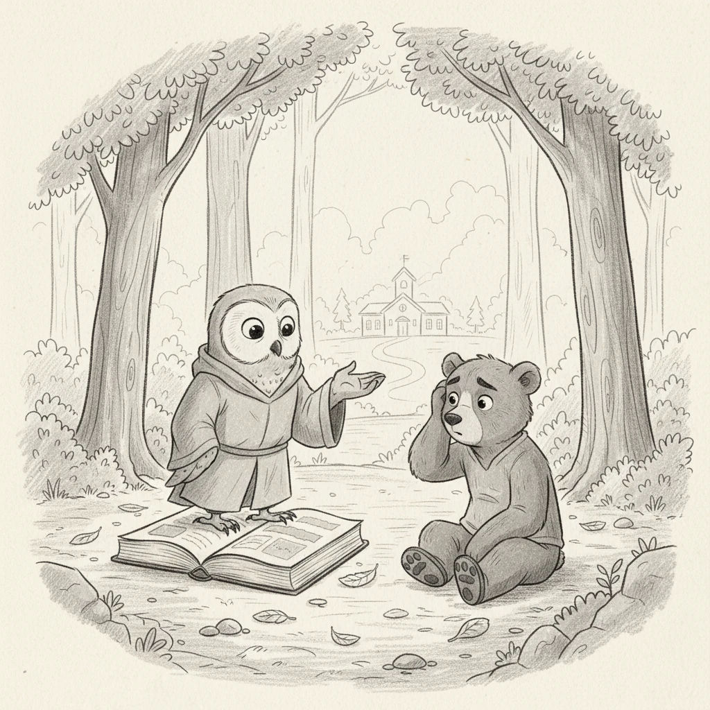 Óscar le explica a Barney que la cultura tributaria es como aprender buenos hábitos para el bosque. Se trata de entender los impuestos, por qué existen y cómo cumplir con sus responsabilidades de forma sencilla. Barney se rasca la cabeza, preguntándose cómo esto le beneficiará. Óscar le asegura que es para tener caminos limpios, seguridad y escuelas para todos los ositos del bosque. 

Ilustración: Óscar, el búho, está de pie sobre un libro abierto, gesticulando con un ala hacia un horizonte imaginario donde se vislumbran pequeñas escuelas y caminos limpios, dibujados con líneas finas. Barney, sentado frente a él, se rasca la cabeza con una pata, su expresión es de concentración y ligera perplejidad. El entorno es un claro del bosque, con rayos de luz filtrándose entre los árboles, creando un ambiente íntimo y educativo con abundante hatching para las sombras.