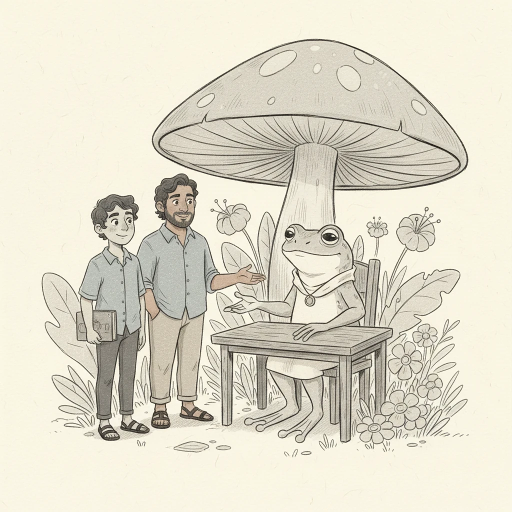 Óscar lleva a Barney a conocer a Miss Rana DGII, una figura amable y sabia que representa a la institución de ayuda a los contribuyentes. Miss Rana DGII le da una cálida bienvenida a Barney, asegurándole que todos los contribuyentes tienen derechos importantes. Barney se sorprende al saber que puede recibir información clara, ser tratado con respeto y hacer consultas. Ella le explica que con buena educación tributaria, todo se vuelve más sencillo y accesible. 

Ilustración: Barney y Óscar se encuentran frente a Miss Rana DGII, una rana elegante sentada detrás de un escritorio bajo un hongo gigante que sirve de oficina. Miss Rana DGII tiene una expresión amable y acogedora, con sus patas delanteras extendidas en un gesto de bienvenida. Barney, inicialmente tímido, ahora muestra una leve sonrisa de alivio. El ambiente es acogedor, con detalles de hojas y flores que adornan la "oficina" de la rana, todo con trazos gestuales y precisos.