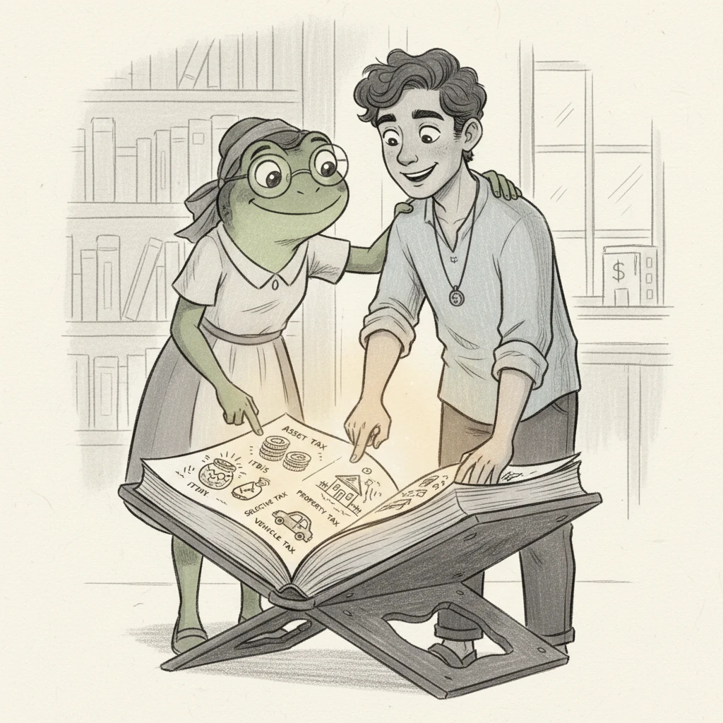 Miss Rana DGII le muestra a Barney un gran libro mágico, ilustrado con ejemplos de los impuestos más importantes. Le explica el ITBIS para productos y servicios, el ISR para los ingresos que gana, y el Impuesto Selectivo para cosas especiales como las telecomunicaciones. También le muestra el Impuesto a los Activos para lo que tiene en su negocio, el IPI para bienes inmuebles y los Impuestos de Vehículos si adquiere uno. Barney, con una sonrisa de comprensión, se da cuenta de que es más fácil de lo que pensaba. 

Ilustración: Miss Rana DGII y Barney están inclinados sobre un gran libro abierto, cuyas páginas parecen brillar con conocimiento. En las páginas, se ven pequeños pictogramas que representan los diferentes impuestos: un tarro de miel para el ITBIS, un saco de monedas para el ISR, un coche para el impuesto de vehículos, todos dibujados con un estilo de boceto rápido pero claro. La expresión de Barney es de asimilación y creciente confianza, con detalles en sus ojos que reflejan la comprensión.