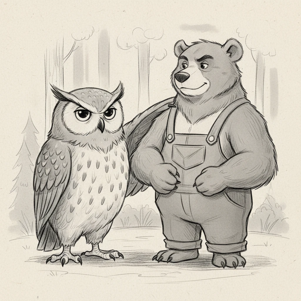 Óscar, con seriedad pero afecto, le recuerda a Barney la importancia de ser un contribuyente responsable. Le subraya que cumplir con sus tributos no solo beneficia su propio negocio, sino que es una contribución vital para el bienestar y el crecimiento de todo el Bosque Dulcevivir. Barney, con una mirada decidida y orgullosa, promete cumplir con sus responsabilidades tributarias. Siente una nueva madurez y propósito. 

Ilustración: Óscar, con una pose más formal y sabia, mira directamente a Barney, quien se yergue con una expresión de determinación y orgullo. El búho tiene una pata suavemente apoyada en el hombro del oso, simbolizando apoyo y guía. El fondo es más minimalista, enfocando la atención en la conexión entre los dos amigos y el compromiso de Barney, con líneas limpias y un uso sutil de la sombra para acentuar la seriedad del momento.
