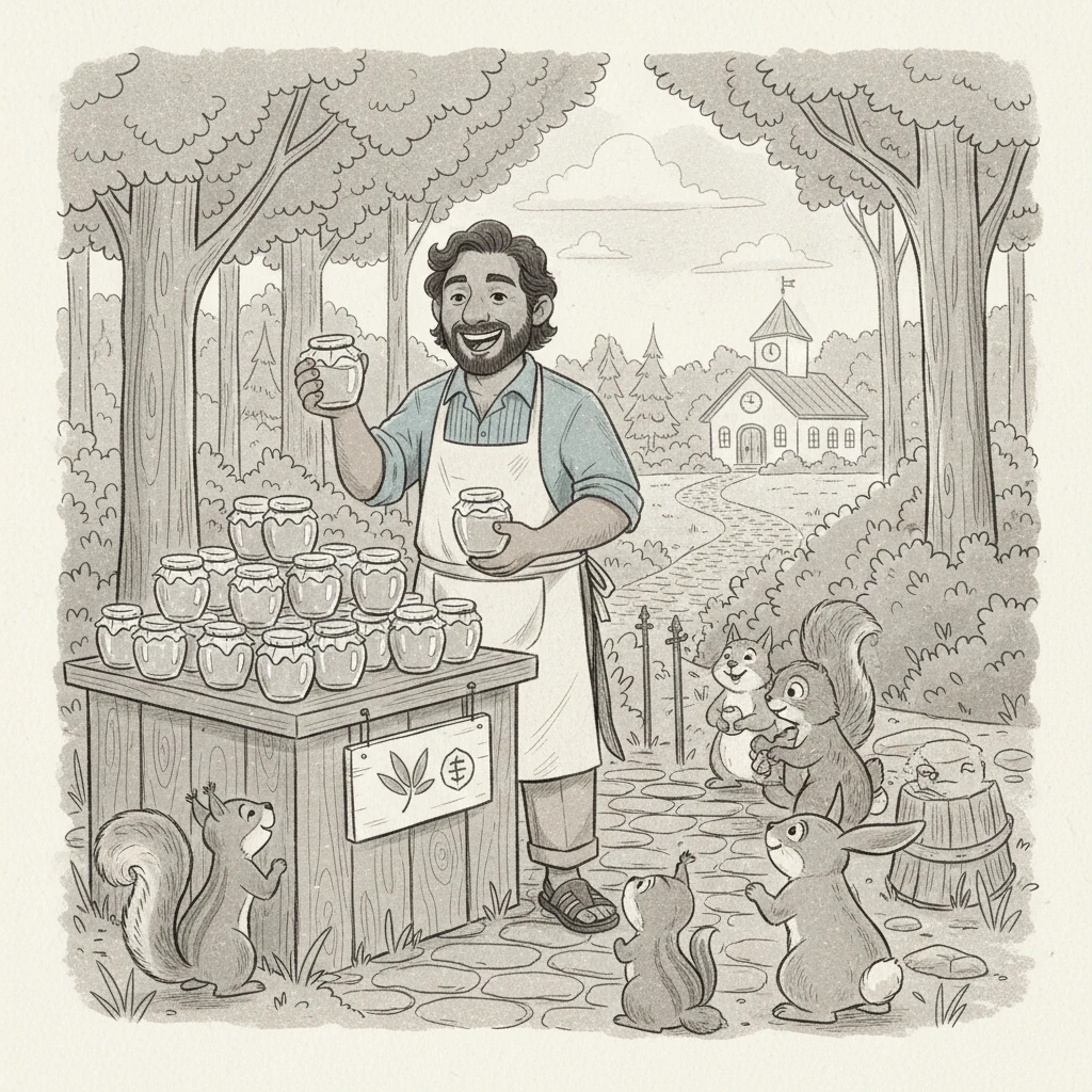 Barney regresa a su negocio de miel, ahora con una comprensión clara y un renovado entusiasmo. Organiza sus documentos y se asegura de cumplir con cada uno de sus tributos. Su negocio florece, y él se siente orgulloso de contribuir al bosque. Los caminos están bien mantenidos, las escuelas tienen recursos y el Bosque Dulcevivir prospera gracias a la responsabilidad de todos. 

Ilustración: Barney, con su delantal, está en su puesto de miel, sonriendo ampliamente mientras atiende a otros animales del bosque. Un pequeño cartel en su puesto, apenas visible, muestra un símbolo de "contribuyente responsable". Al fondo, se vislumbra el bosque vibrante y bien cuidado, con pequeños detalles de caminos limpios y un edificio que parece una escuela. La escena irradia alegría y prosperidad, con trazos que evocan movimiento y actividad.