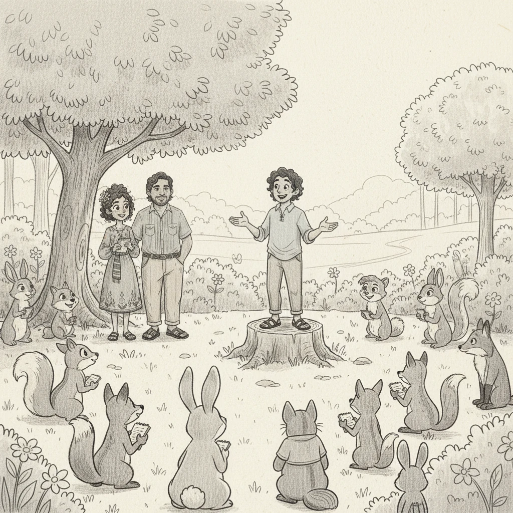 Gracias a la educación de Óscar y Miss Rana DGII, Barney se convierte en un ejemplo para otros emprendedores del bosque. Comparte lo aprendido, ayudando a que más animales comprendan la importancia de la cultura tributaria. El Bosque Dulcevivir se convierte en un lugar aún más próspero y feliz, donde cada contribución, grande o pequeña, construye un futuro mejor para todos. La amistad y el conocimiento han transformado la comunidad. 

Ilustración: Una vista panorámica del Bosque Dulcevivir, ahora vibrante y lleno de actividad. Barney se encuentra en el centro, rodeado de otros animales que lo escuchan atentamente, algunos con cuadernos y lápices. Miss Rana DGII y Óscar observan desde la distancia, con expresiones de satisfacción y orgullo. El cielo está despejado y soleado, simbolizando la claridad y la prosperidad que ha traído la comprensión tributaria, con un estilo de boceto clásico que captura la profundidad del paisaje y la interacción de los personajes.