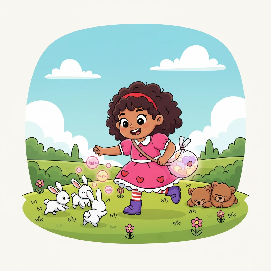 With her shimmering satchel, Rosie zipped through a meadow, carefully collecting soft giggles from playful bunnies and warm, sleepy snuggles from a pile of napping bear cubs. Each feeling glowed as it settled inside her bag.
