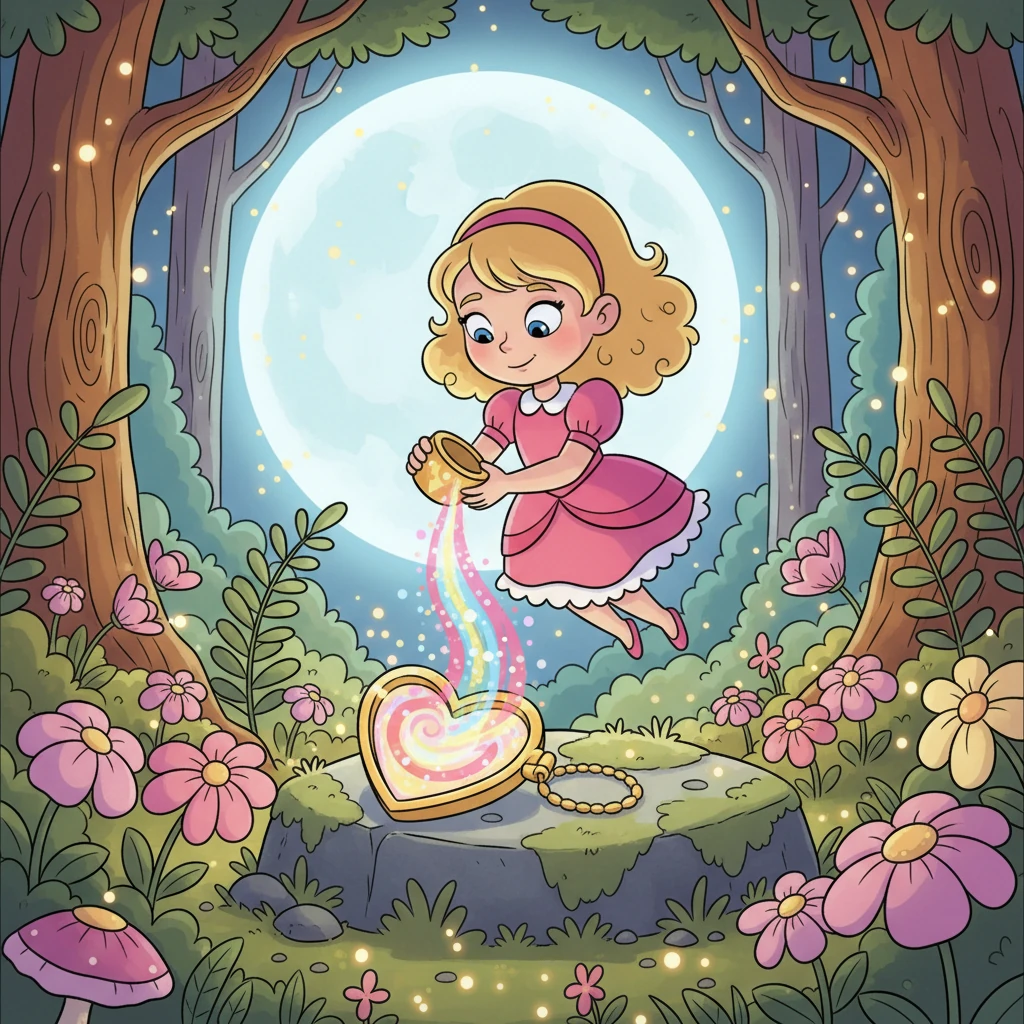 Rosie flew to a secret, magical clearing, bathed in moonlight and surrounded by glowing flowers. With a deep breath, she carefully poured all the collected feelings into a giant, empty heart-shaped locket resting on a mossy stone.