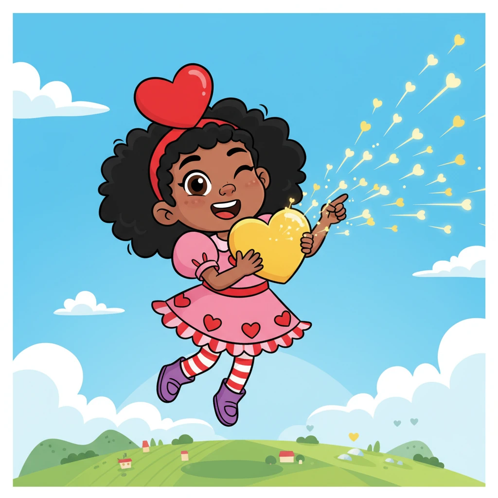 With a flick of her wrist, Rosie sent out countless tiny, invisible sparks from the magnificent heart, like miniature arrows of kindness. Each spark floated gently, destined to land in the hearts of people all across the land.