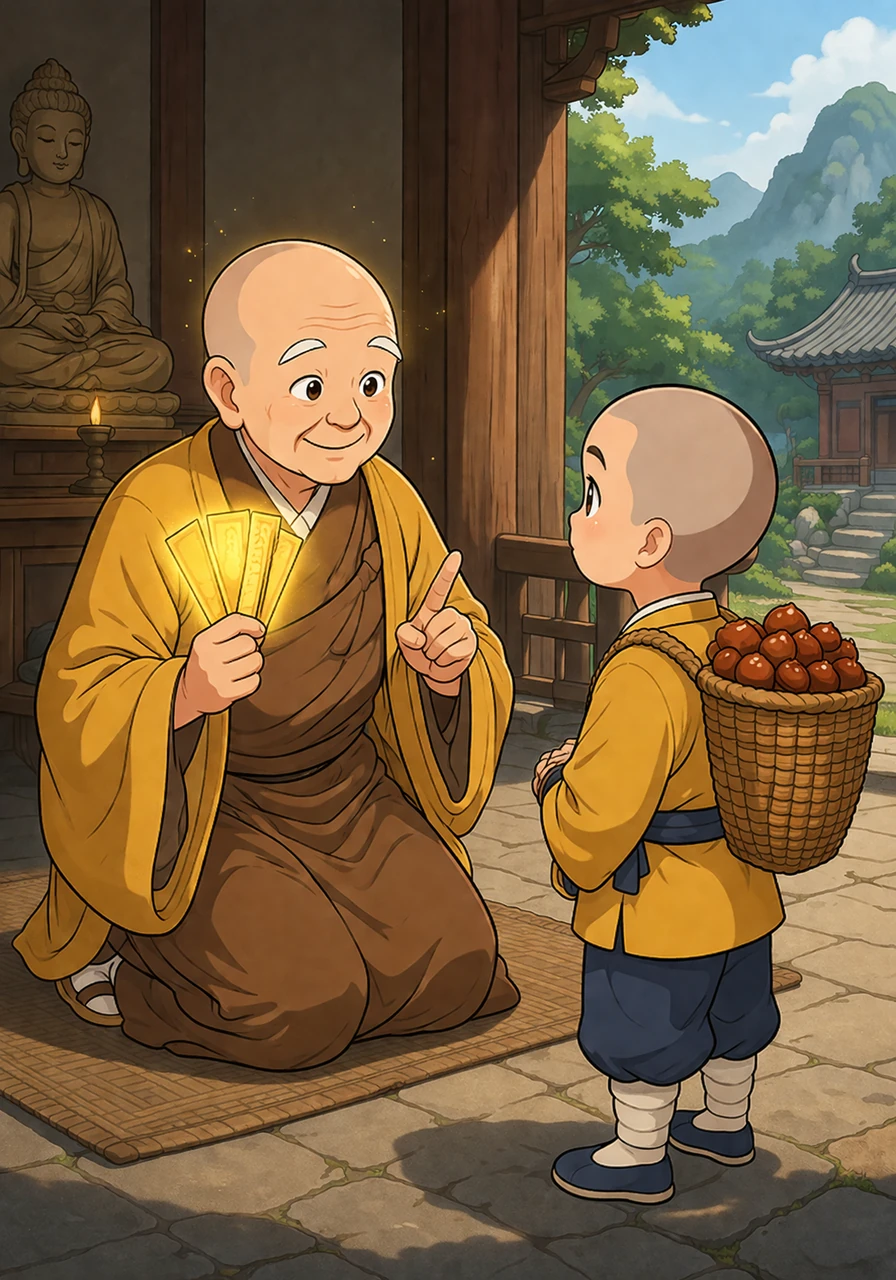 小宽是一个住在深山寺庙里的小和尚，一天他请求师父准许他去后山采摘红通通的板栗。老方丈从怀里掏出三张闪着微光的黄色符咒，语重心长地叮嘱他在危急时刻可以救命。