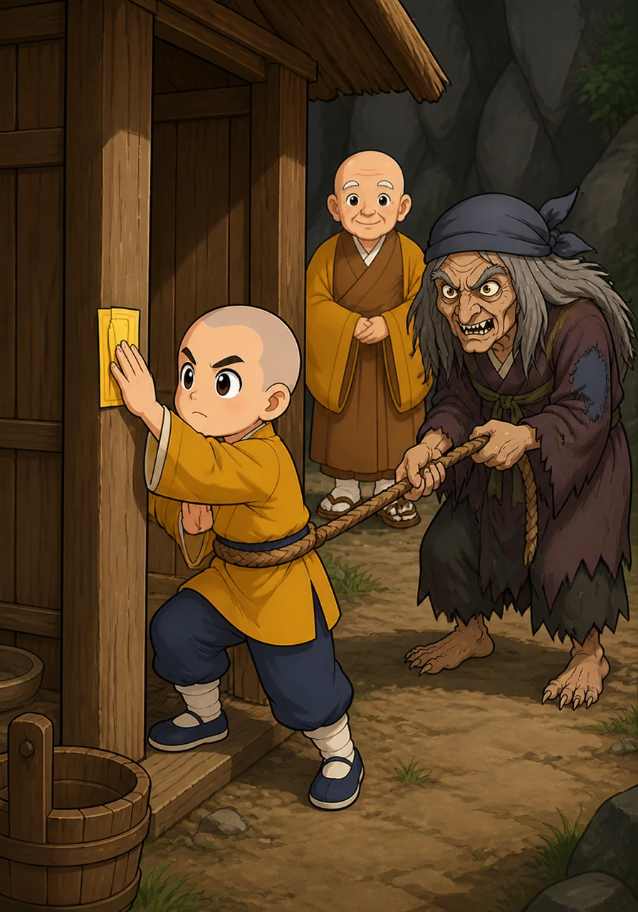 小宽强忍住恐惧，借口要去上厕所。山姥姥为了防止他逃跑，用长绳子拴住他的腰，小宽赶紧将第一张符咒贴在厕所的木柱上，并低声向它祈祷。