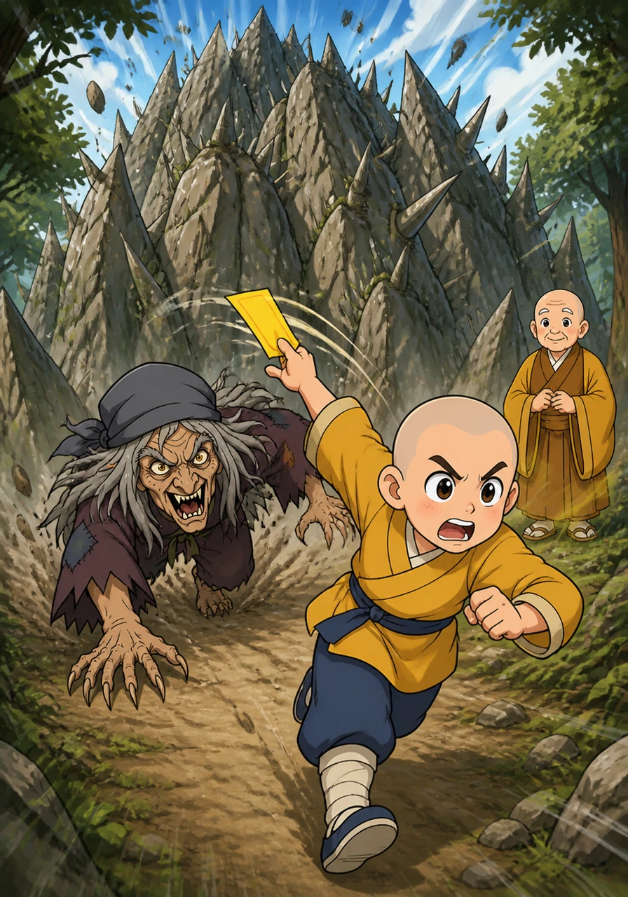 山姥姥发现上当后，像野兽一样四肢着地在树林里飞速追赶，眼看尖利的爪子就要抓到小宽。小宽急忙抛出第二张符咒，大喊一声，身后瞬间拔地而起一座布满荆棘的险峻高山。