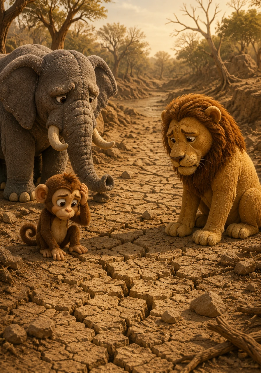 Soon, the once-mighty river completely dried up, and a wave of worry washed over the jungle. The animals grew weak and anxious, wondering how they would survive without a drop of water to drink.