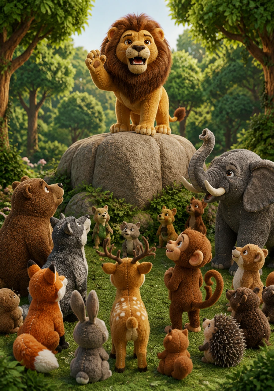 Seeing his kingdom in distress, King Singhraj climbed atop a grand rock and called an emergency council. Animals from every corner of the forest gathered in a wide circle, their eyes filled with hope for a solution.
