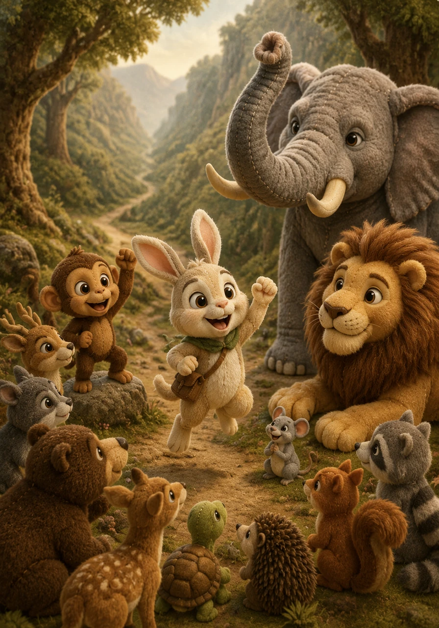 Little Cheeku the rabbit hopped up bravely, offering to guide the smaller and slower animals to a shaded, safe valley. Every animal, big and small, found a unique way to contribute to the mission.