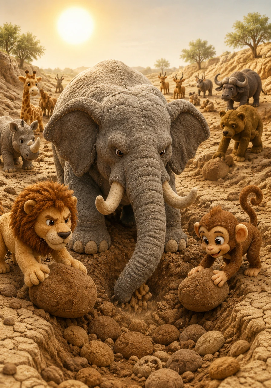 Under the scorching sun, the animals worked side by side, putting aside their differences for the common good. The elephants used their immense strength to dig deep into the dry riverbed, while others cleared away heavy rocks.