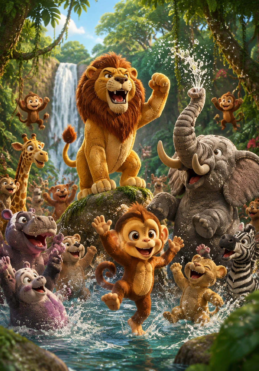 The entire jungle erupted into joyful celebration, splashing in the fresh water and dancing with pure happiness. Standing proudly with his united kingdom, King Singhraj declared that the true strength of the forest lies not in any single animal, but in their unbreakable unity.