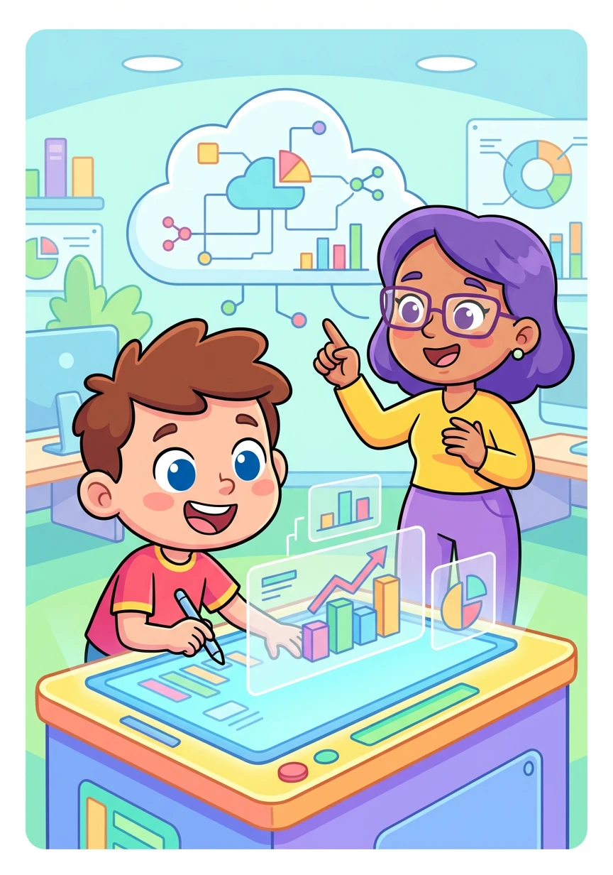 Dan's first task is understanding the basics of data. A friendly mentor, Ms. Byte, explains how data is the foundation of everything Bloomberg does, showing him colorful charts and graphs.